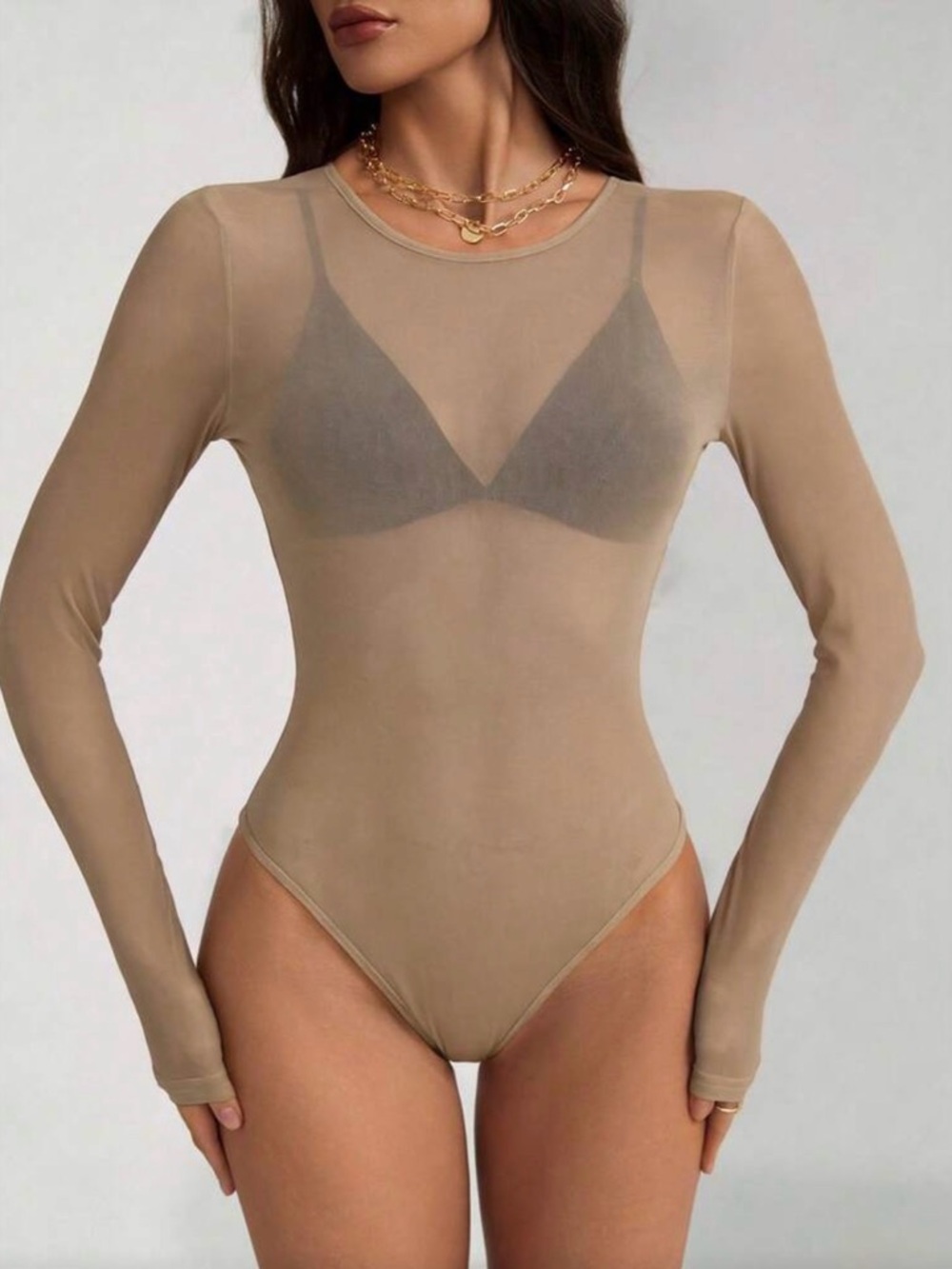 Sheer Long-Sleeve Nude Bodysuit XL